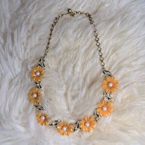 Vintage 60’s Bakelite Orange Flowers with Pearl Center Choker Necklace